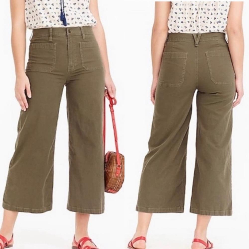 J Crew Point Sur Wide Leg Crop Pants Olive Green Size 30T TALL High Rise Cropped